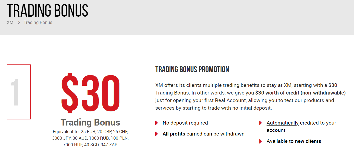 XM Deposit Trading Bonus - $30